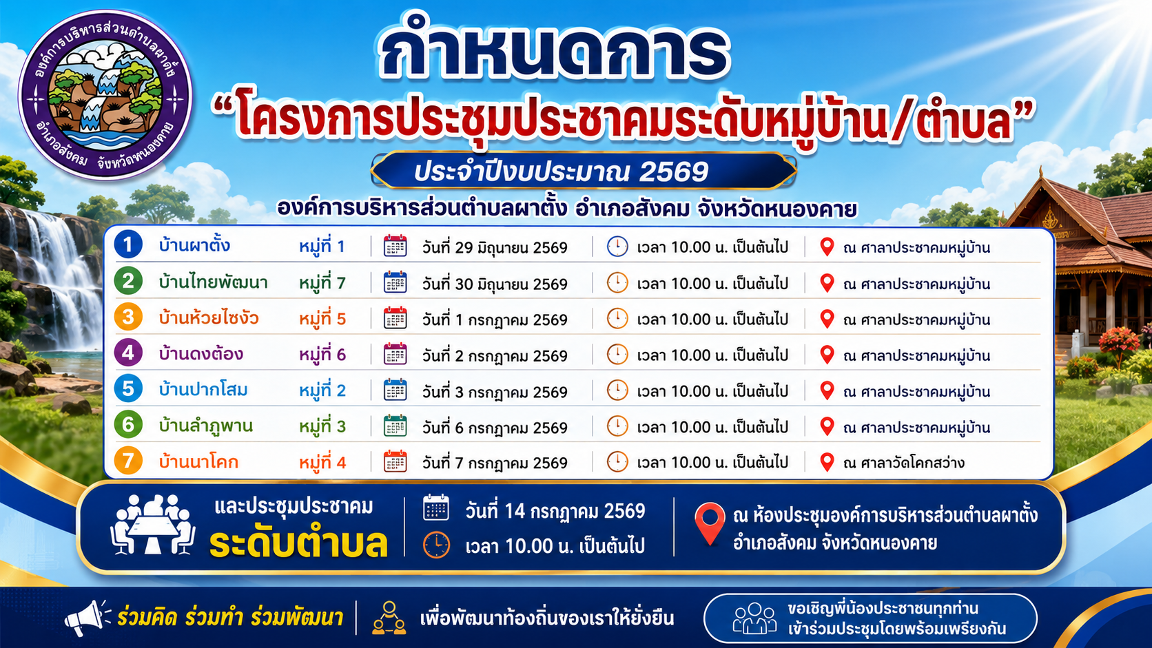 กำหนดการประชุมประชาคม โครงการประชุมประชาคมระดับหมู่บ้าน/ตำบล ประจำปีงบประมาณ พ.ศ.2569